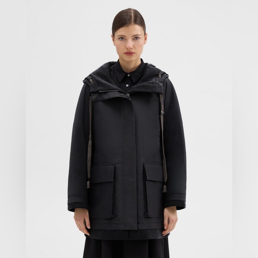 Theory Size Large Black Oversized Wool Blend Hooded Parka Hooded Trench Coat